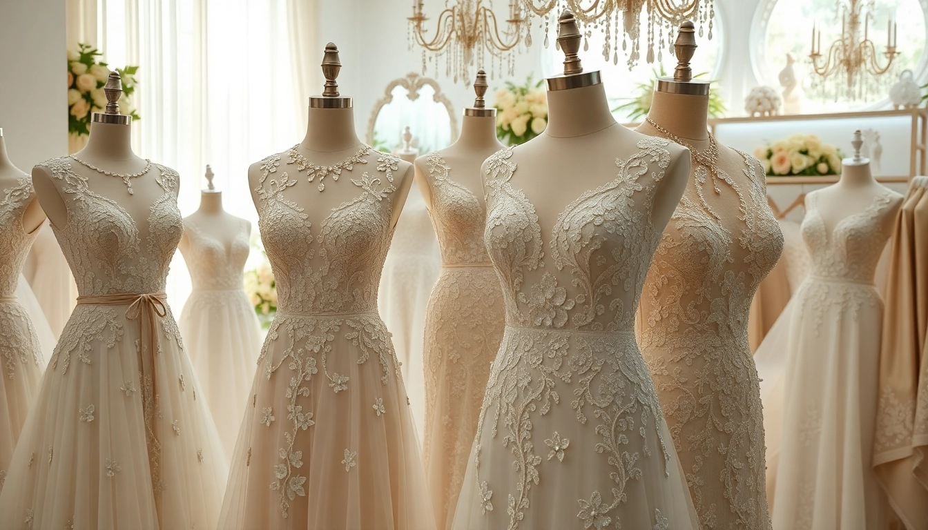 Showcase of beaded wedding dresses in a romantic bridal boutique adorned with soft lighting.