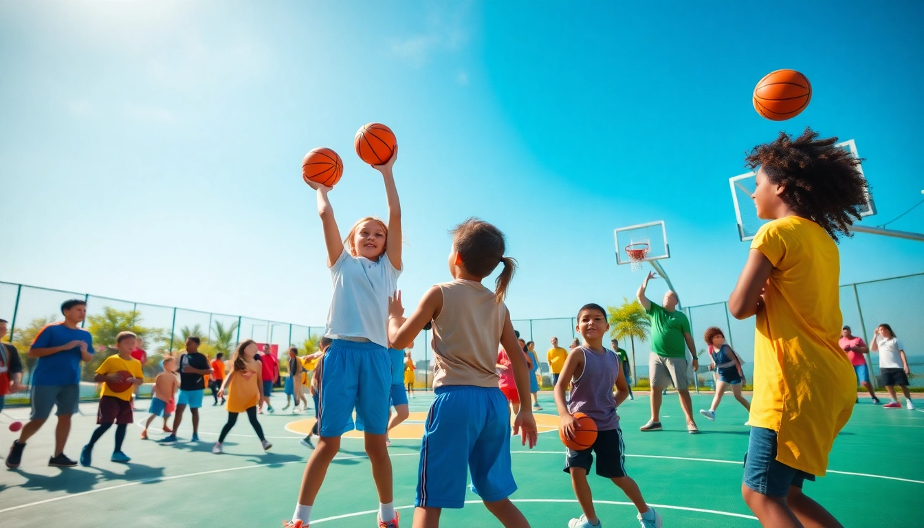 Young basketball enthusiasts practicing teamwork and skills on a lively basketball court.