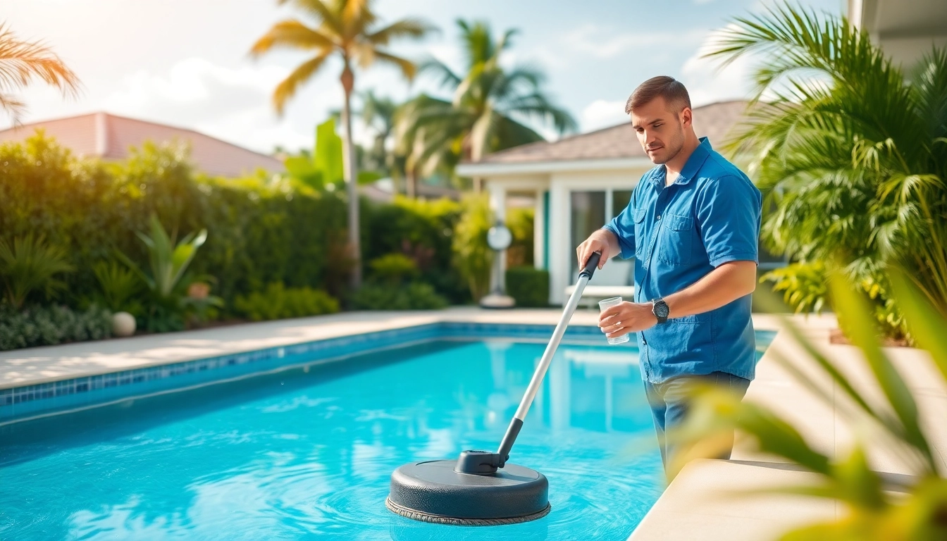Swimming pool service Pinellas County technician maintaining a spotless pool in a beautiful backyard setting.