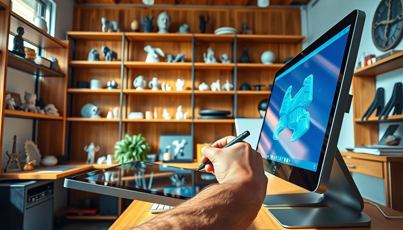 Creating stunning 3D Modeling Services in a modern studio with intricate digital tools.