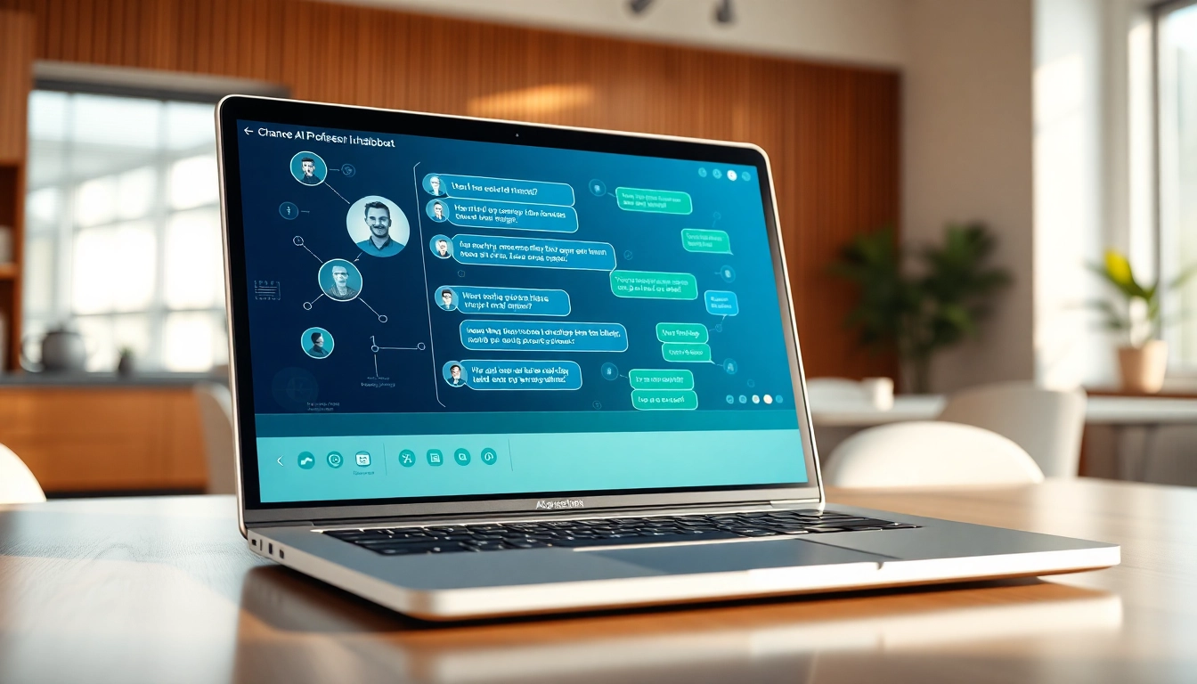 Engaging AI chatbot for website helping users on a modern digital interface in a professional office.