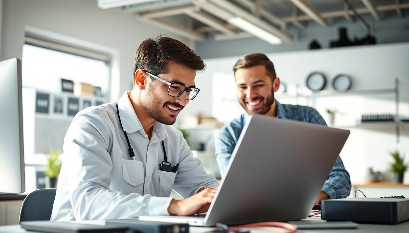 Experience expert computer help with a technician assisting a client in a modern office.