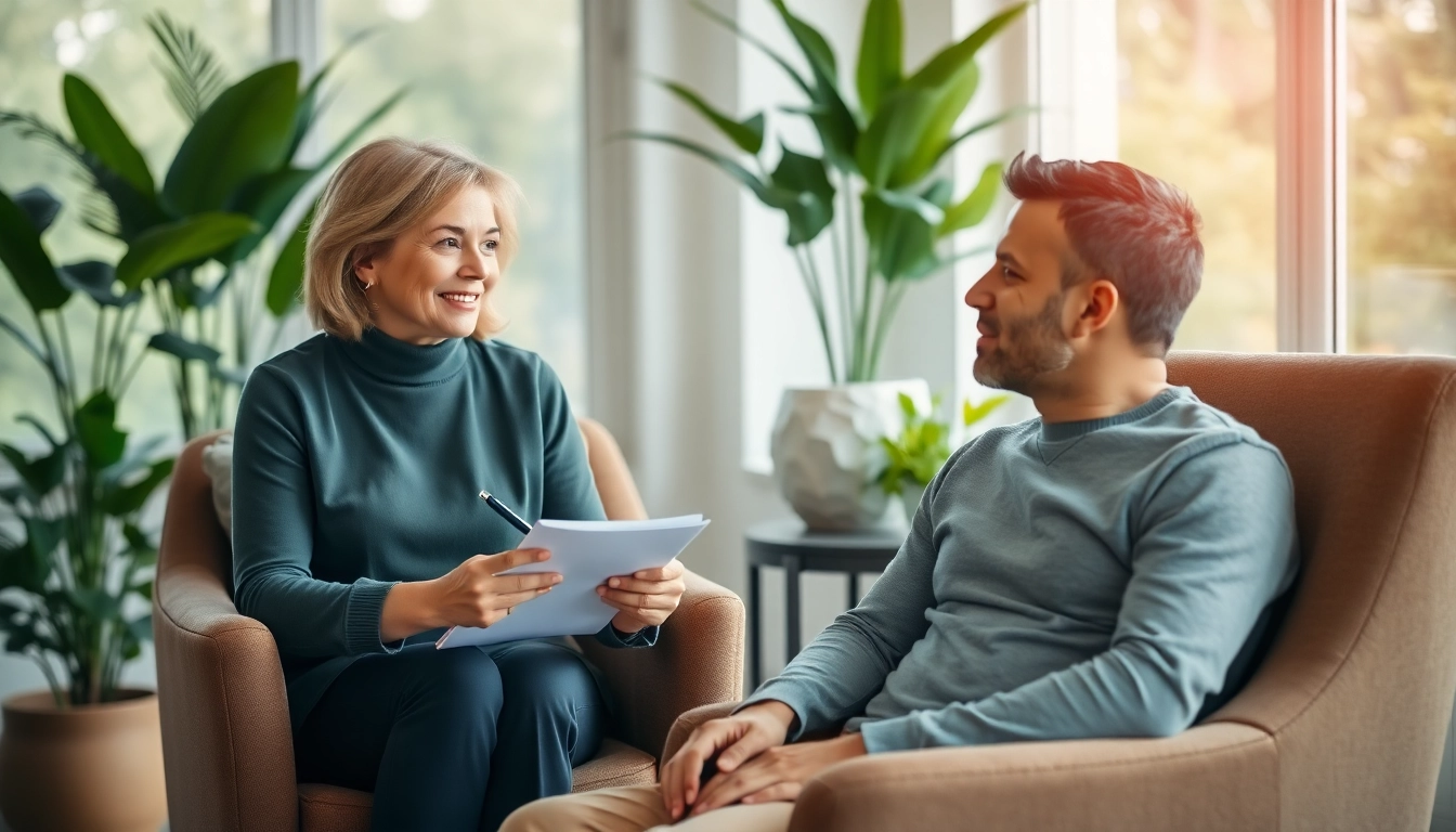 Therapist providing support in dealing with anxiety within a calming office environment.