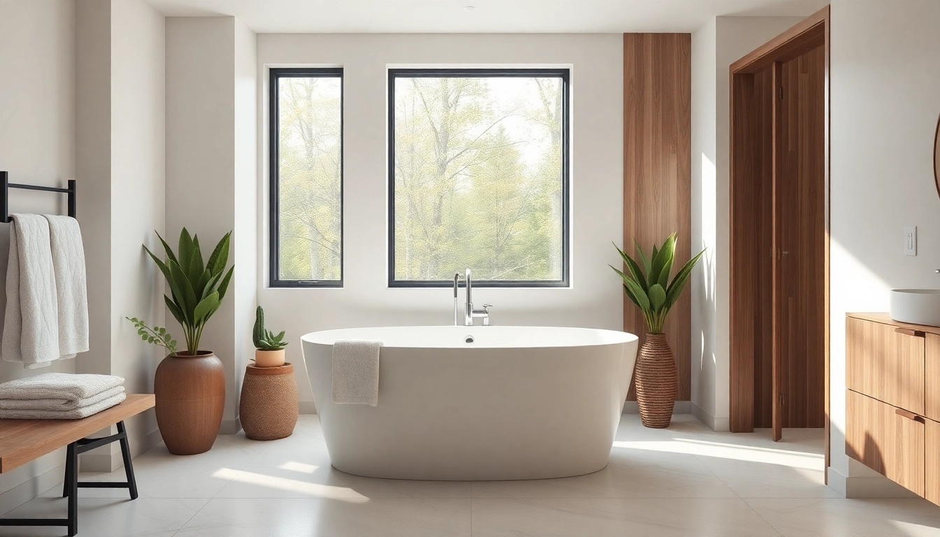 Bathroom renovation Nashville showcasing a modern freestanding bathtub and elegant wooden accents.