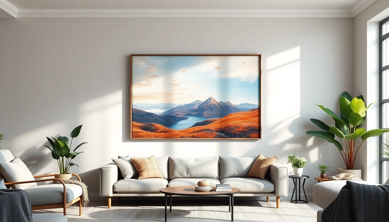 Showcase a Framed Canvas Print enhancing a modern living room with vibrant colors and textures.