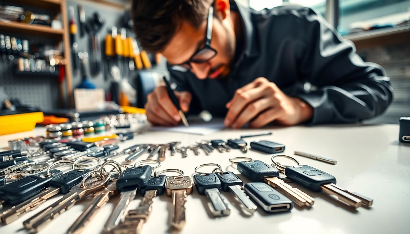 Crafting truck keys with precision at a modern locksmith station, showcasing expertise.