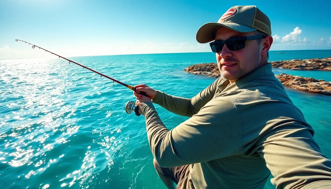 Engaged in saltwater fly fishing, an angler casts a line over clear blue waters.
