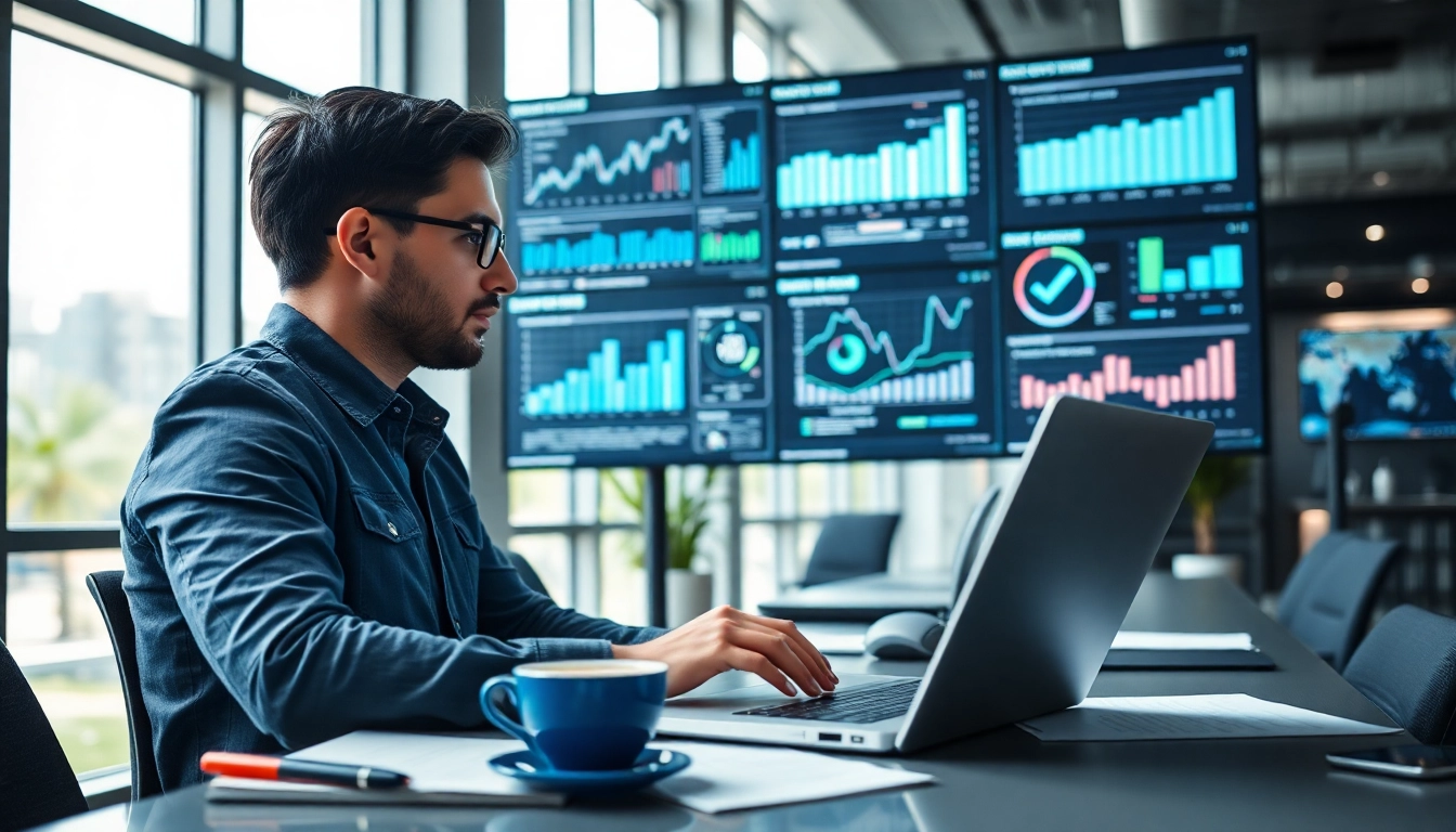 Analyze competitive intelligence data in a professional office environment with graphs and screens.