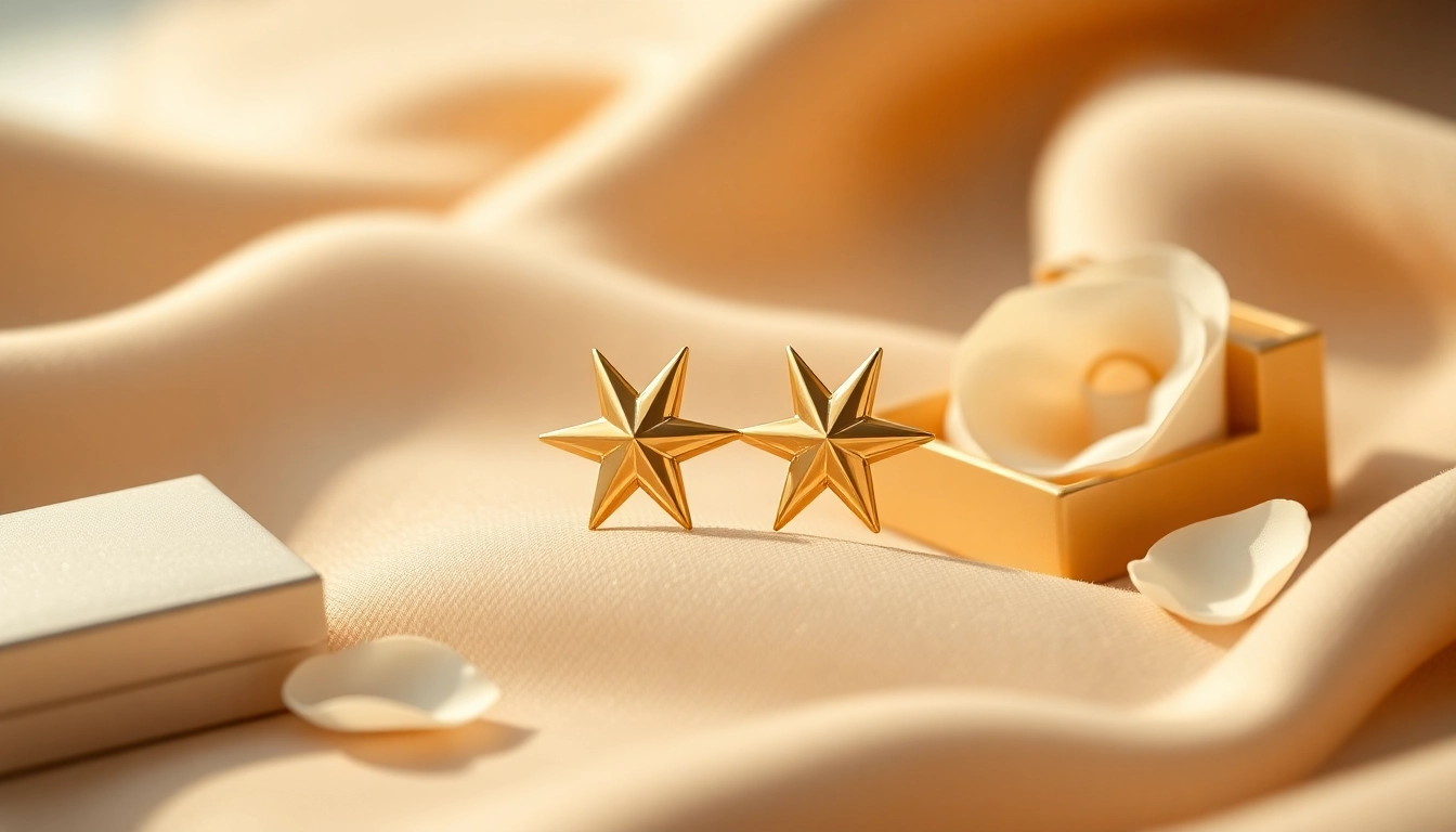 Adorned gold star earrings shining under natural light, showcasing their intricate design and elegance.