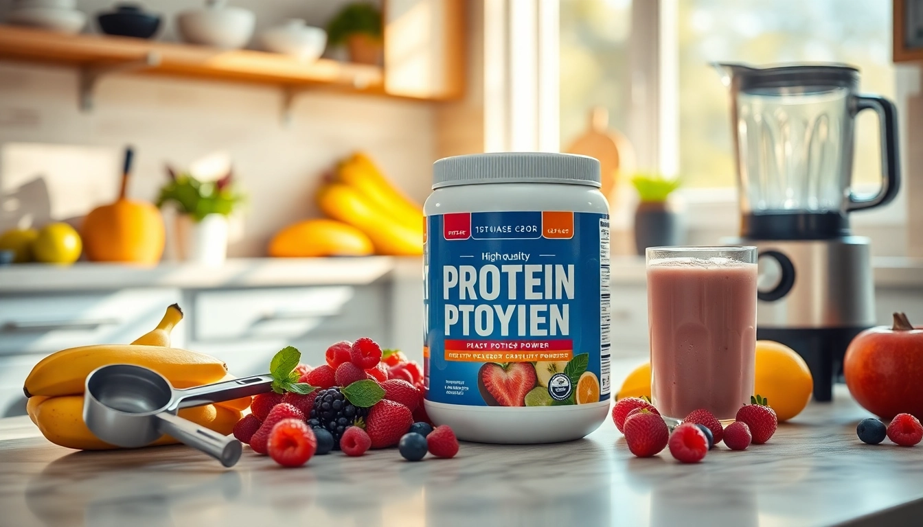 Protein Powder ile hazırlanmış sağlıklı bir smoothie, taze meyvelerle çevrili.