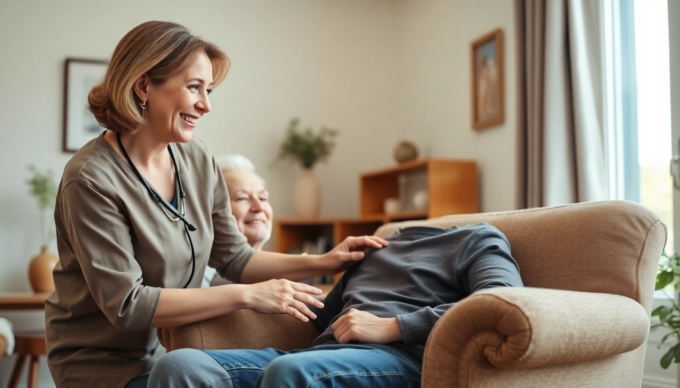 Engaging austin senior home care scene with caregiver assisting an elderly client in a warm home.