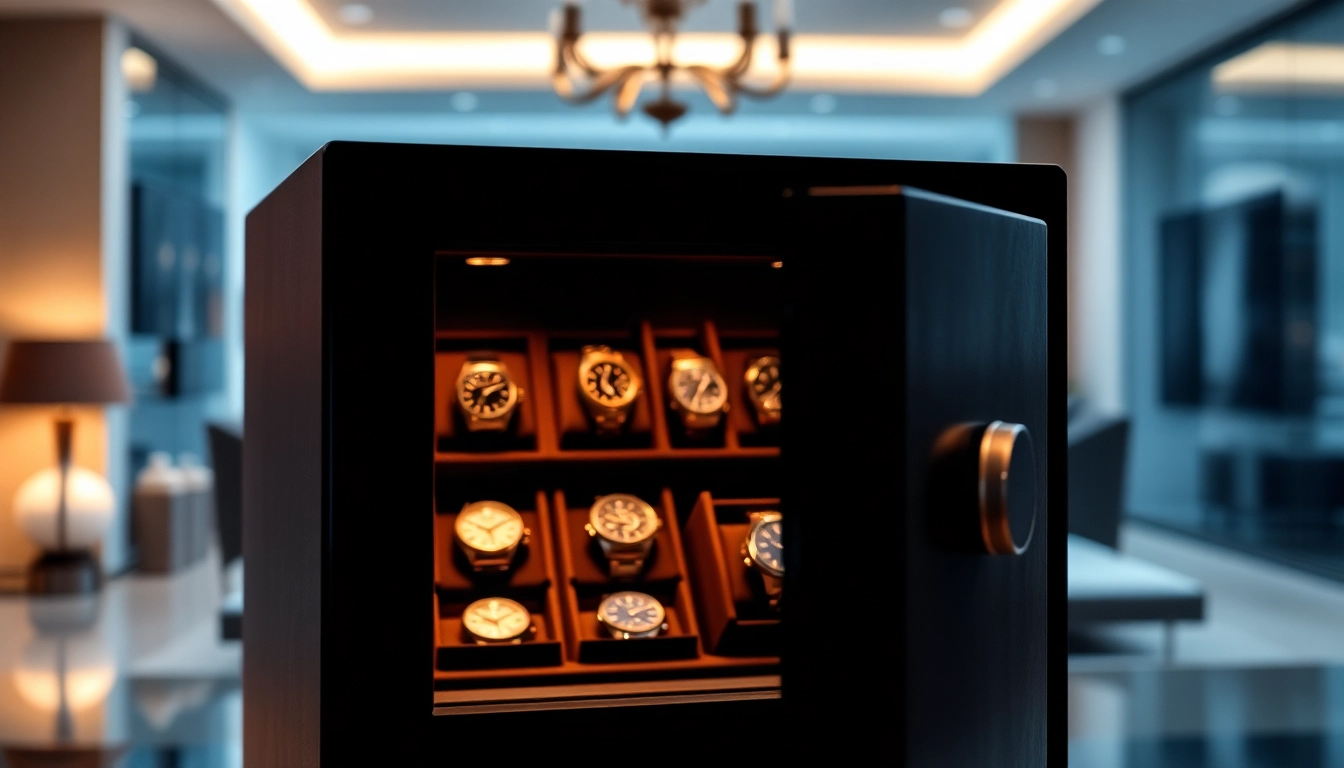 Organized watch safe featuring luxurious timepieces and elegant design.