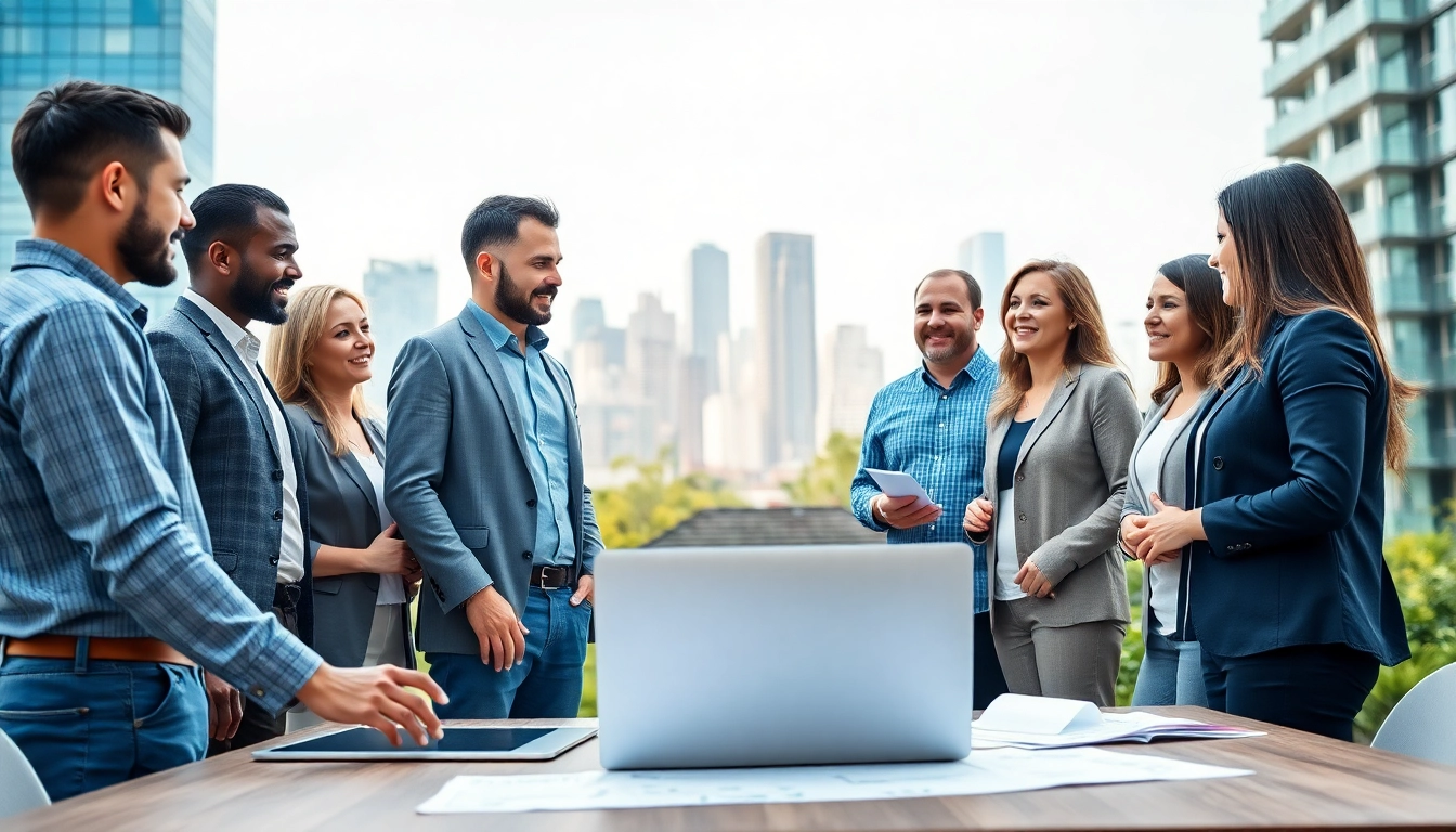 Direct home buyers team discussing a property sale in an urban setting.