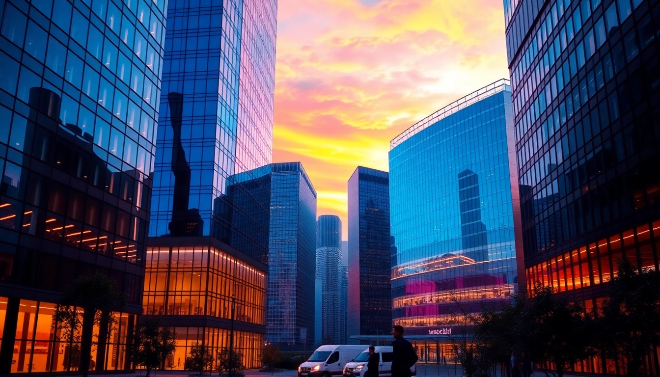 Architekturvisualisierung modernster Gebäude im Sonnenuntergang mit lebendigen Farben