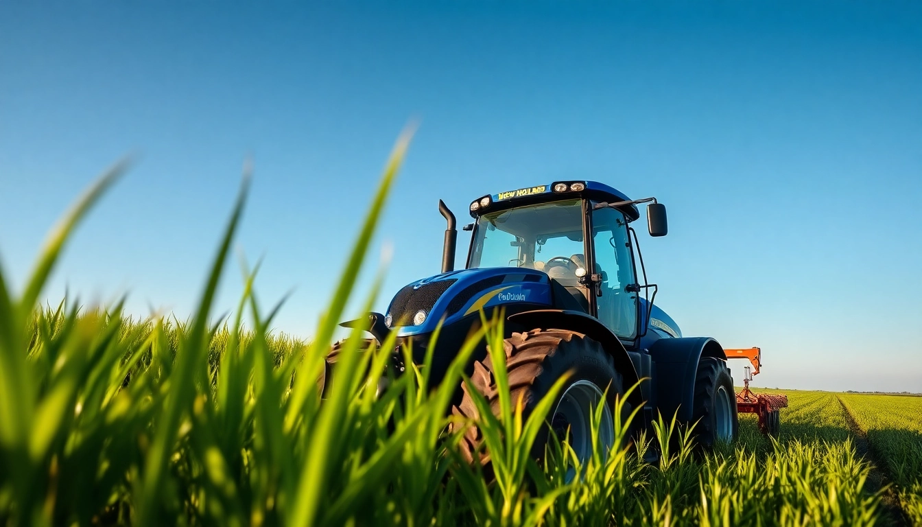 New Holland Traktor arbeitet im üppigen Feld, beleuchtet durch natürliches Licht.