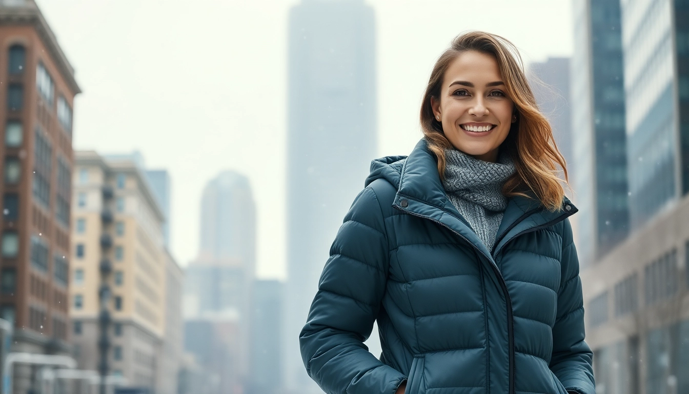 Woman wearing a fashionable puffer jacket for women, showcasing warmth and style in a snowy urban environment.