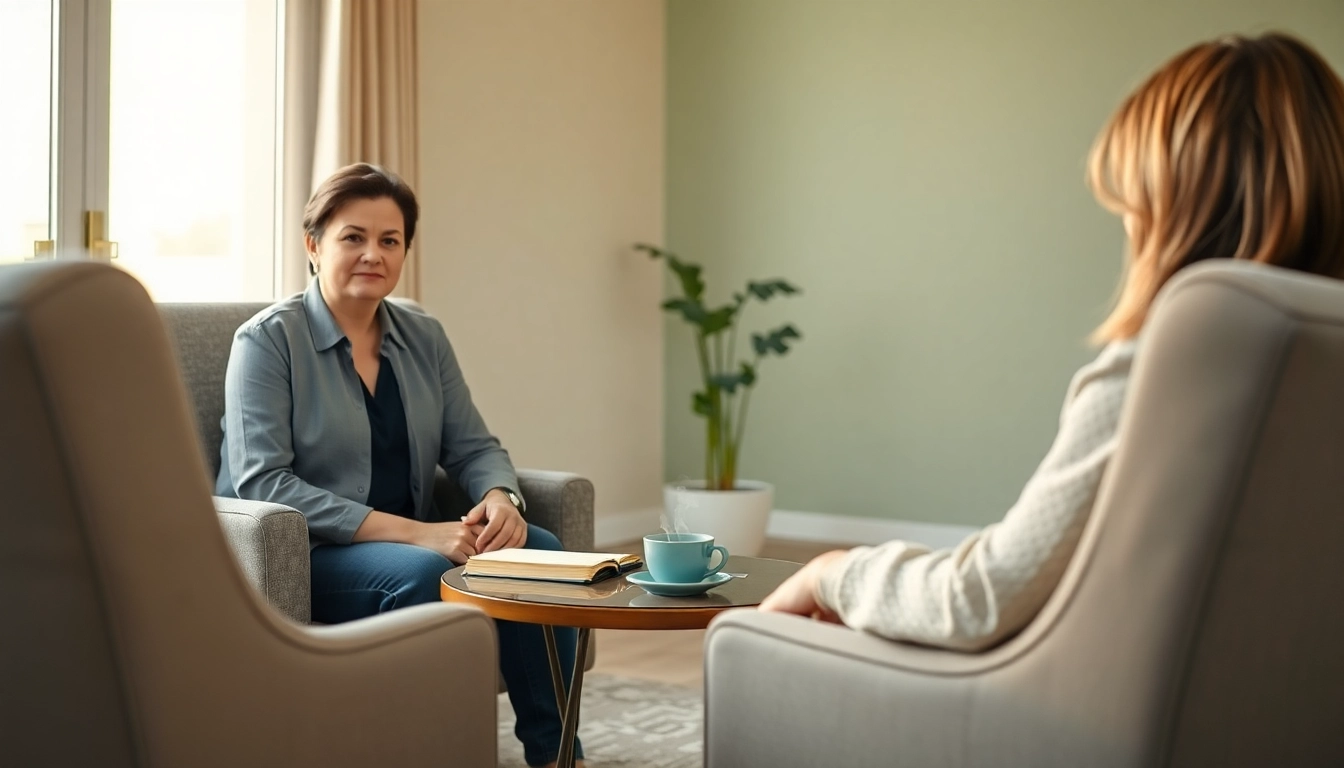 Engaged attachment theory coach guiding a client in a serene office, fostering a trusting environment.