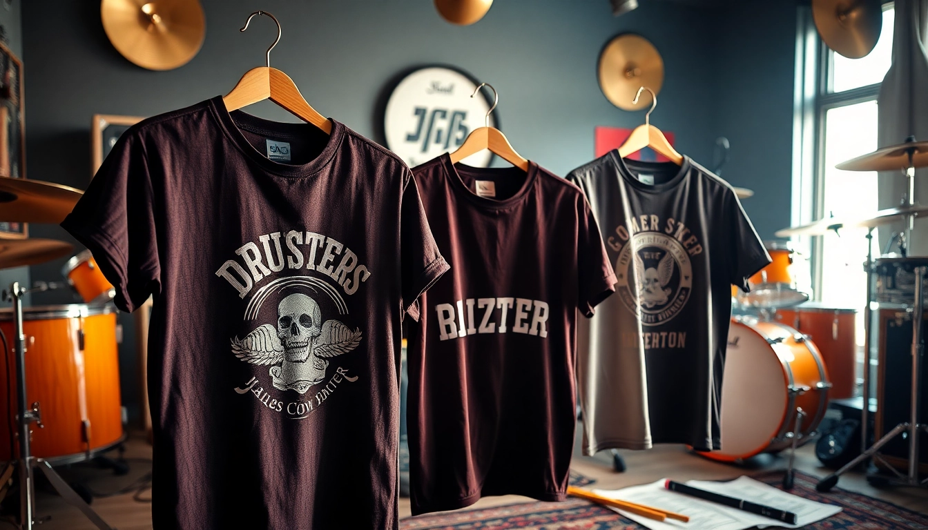 Browse stylish drummer shirts with vibrant designs showcased in a music studio setting.