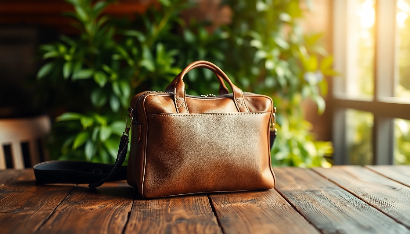 Showcasing a detailed coffee leather bag on a wooden table with natural lighting.