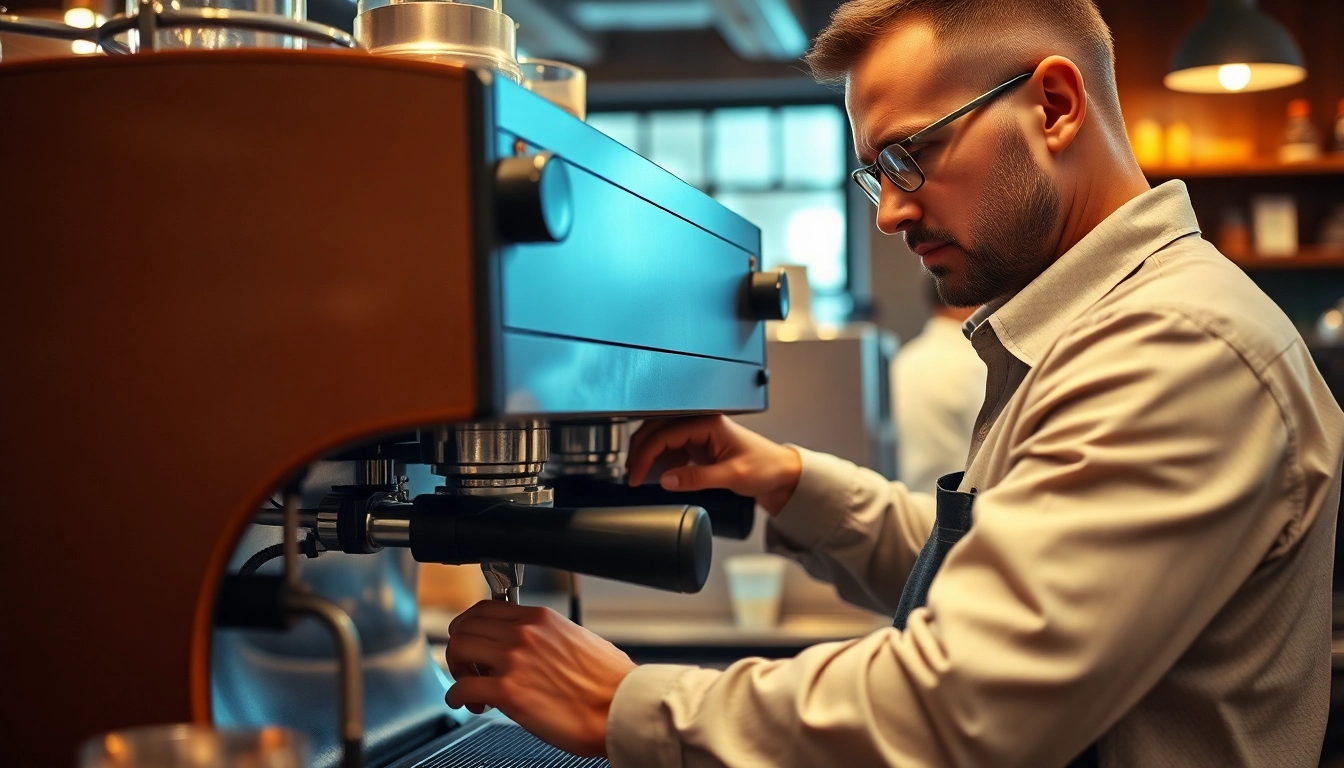 Cimbali servisi technician expertly repairing an industrial espresso machine in a café setting.