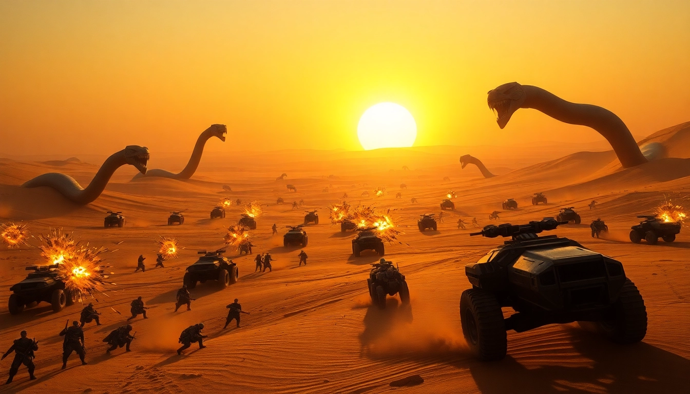 Dramatic battle in the dune 2 game showcasing factions in a desert landscape with intense action.