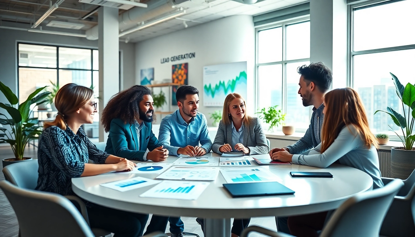 Boosting lead generation outsourcing through strategic teamwork in a bright office setting.