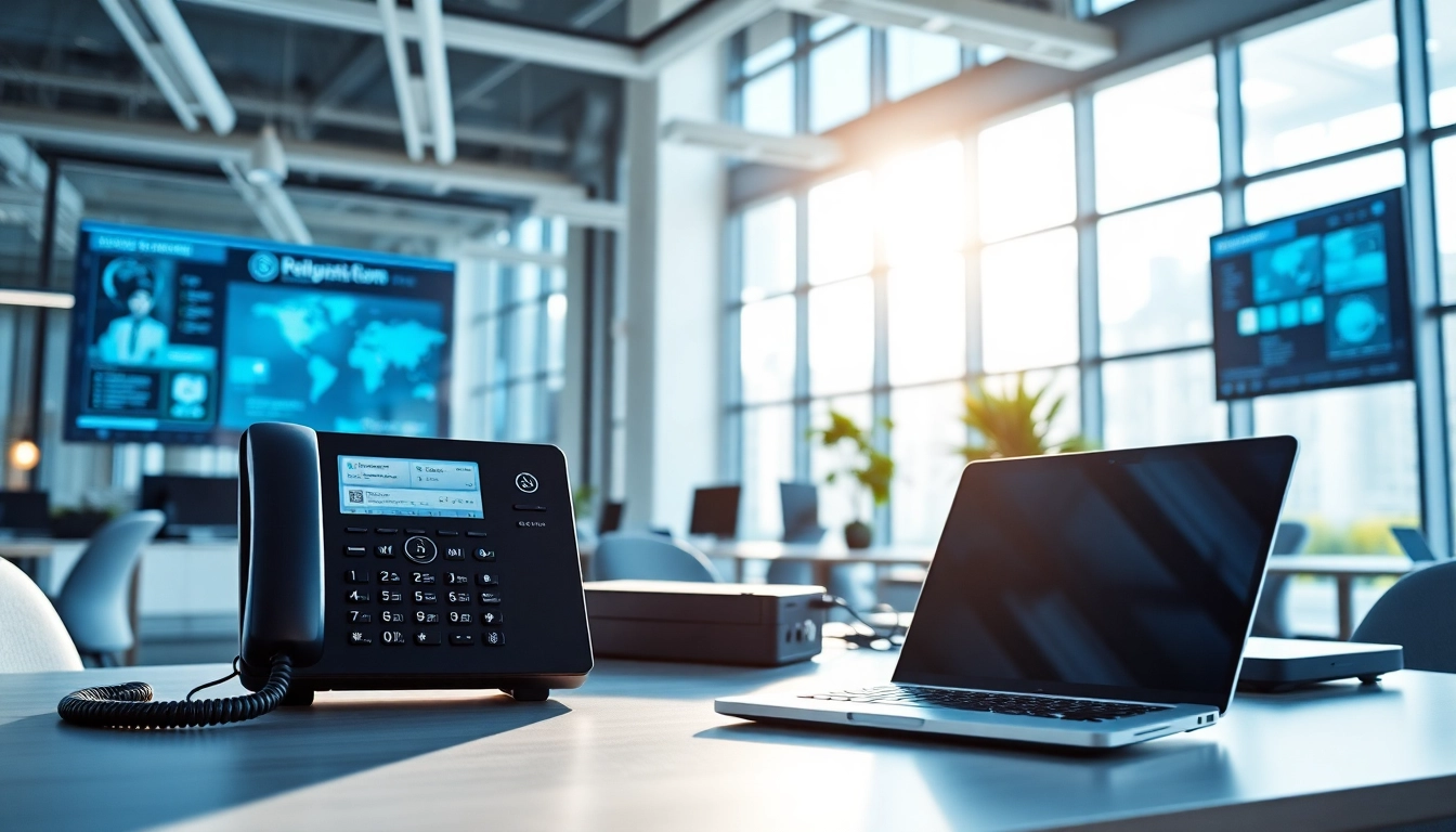 Ontdek VoIP telefonie in een moderne kantooromgeving met high-tech apparatuur en goede belichting.