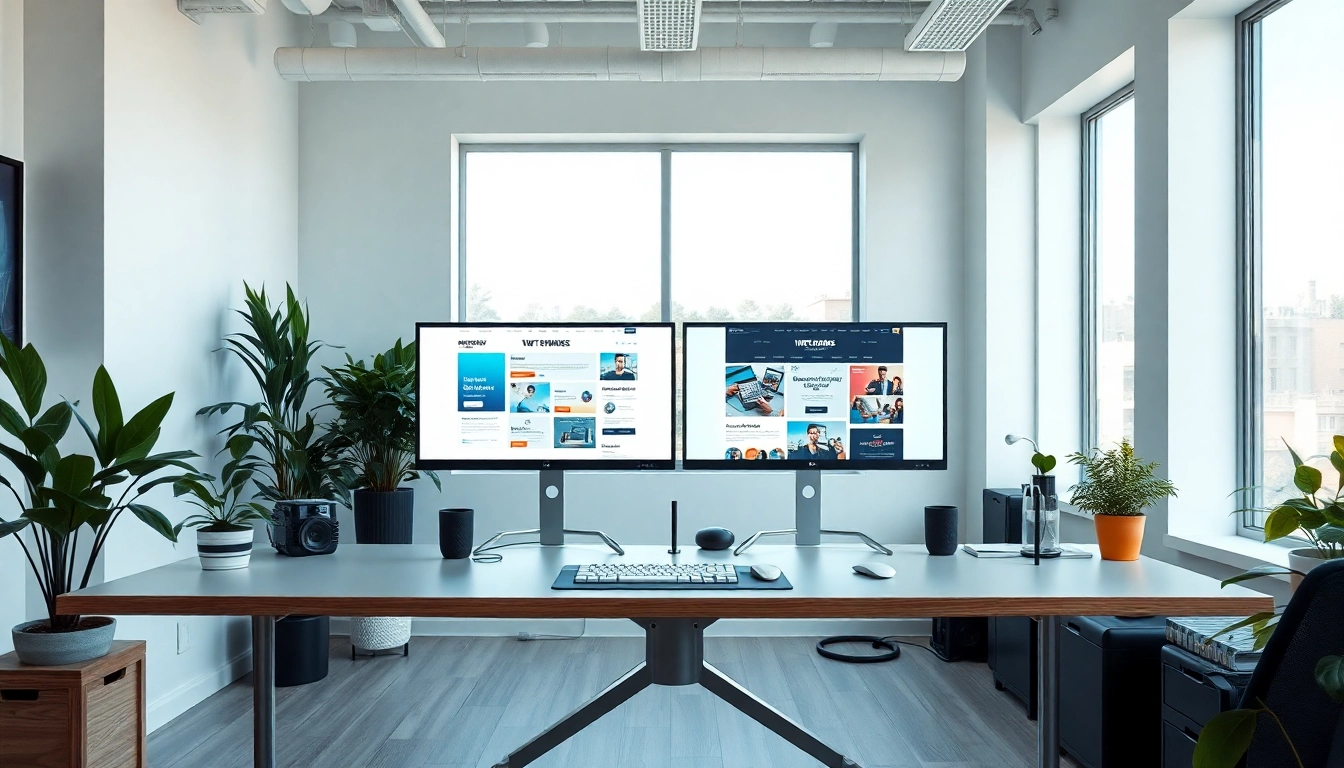 Visualize web design studio with vibrant monitors and sleek workspace settings.