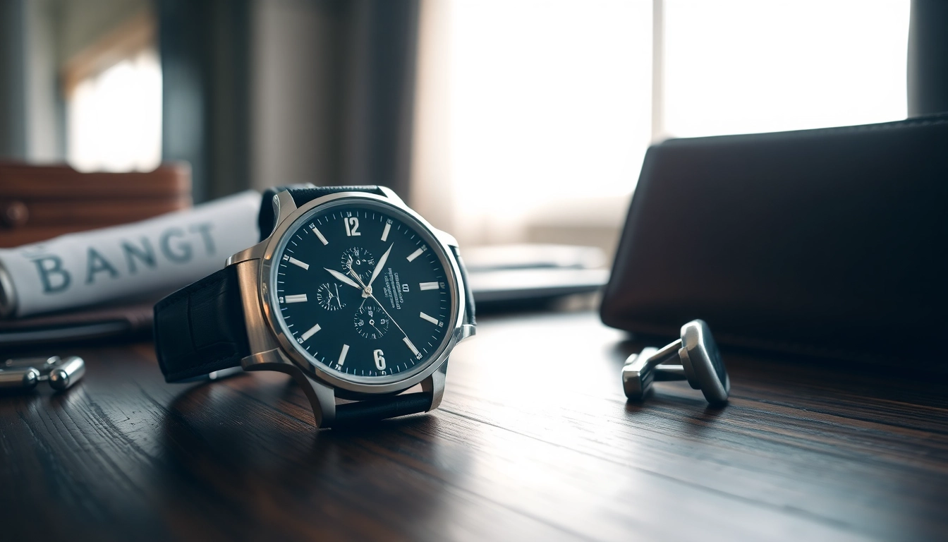 Elegante Herren Armbanduhr, auf einem Holztablett mit stilvollen Accessoires präsentiert.