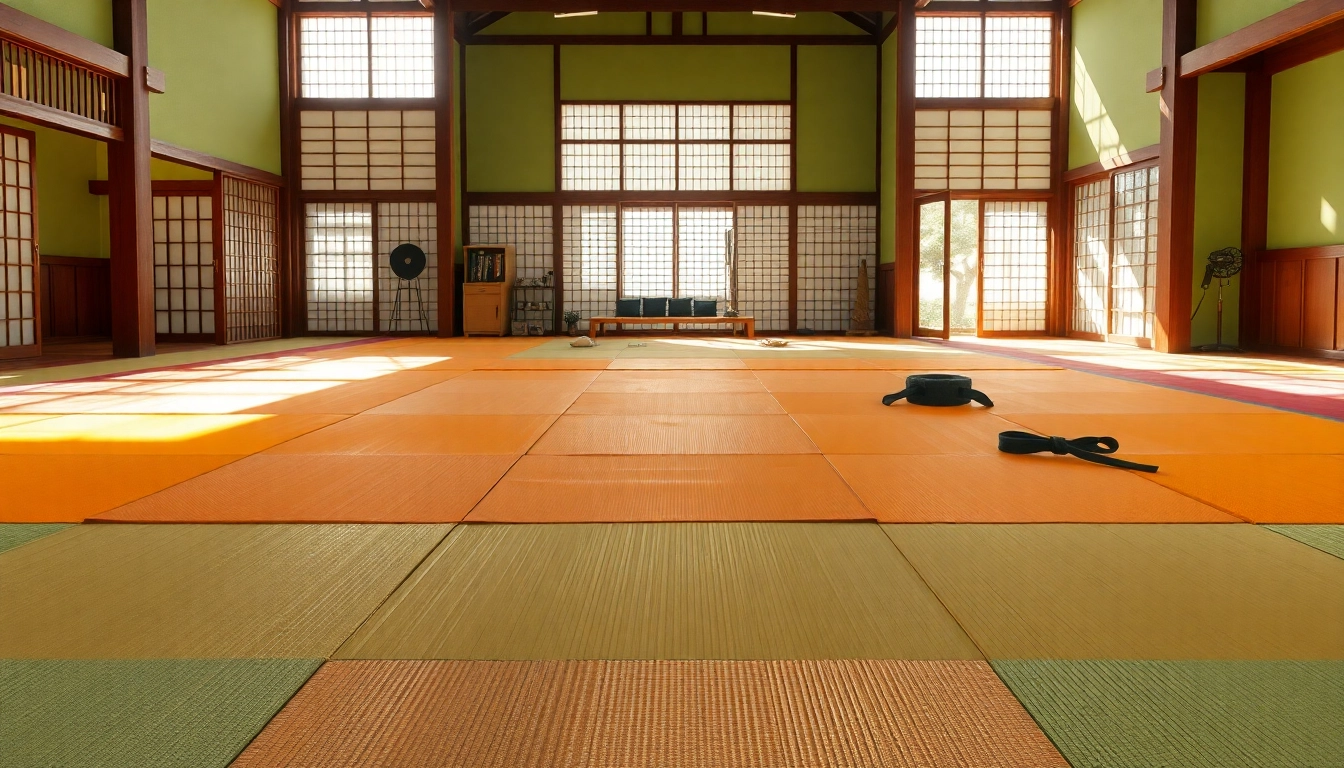 Tatami para artes marciales organizados en un dojo moderno con ambiente sereno.