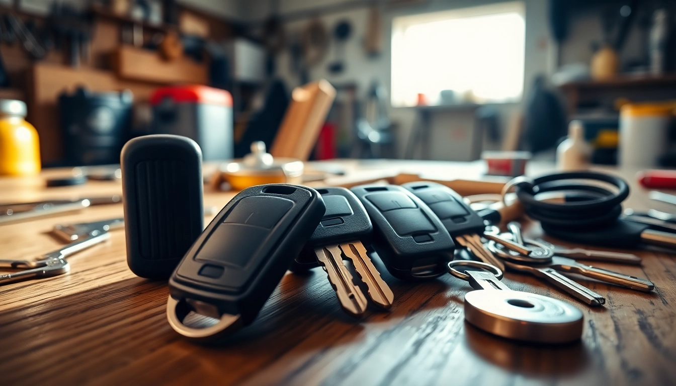Showcase of Van Keys on a wooden table amid locksmith tools in a workshop.
