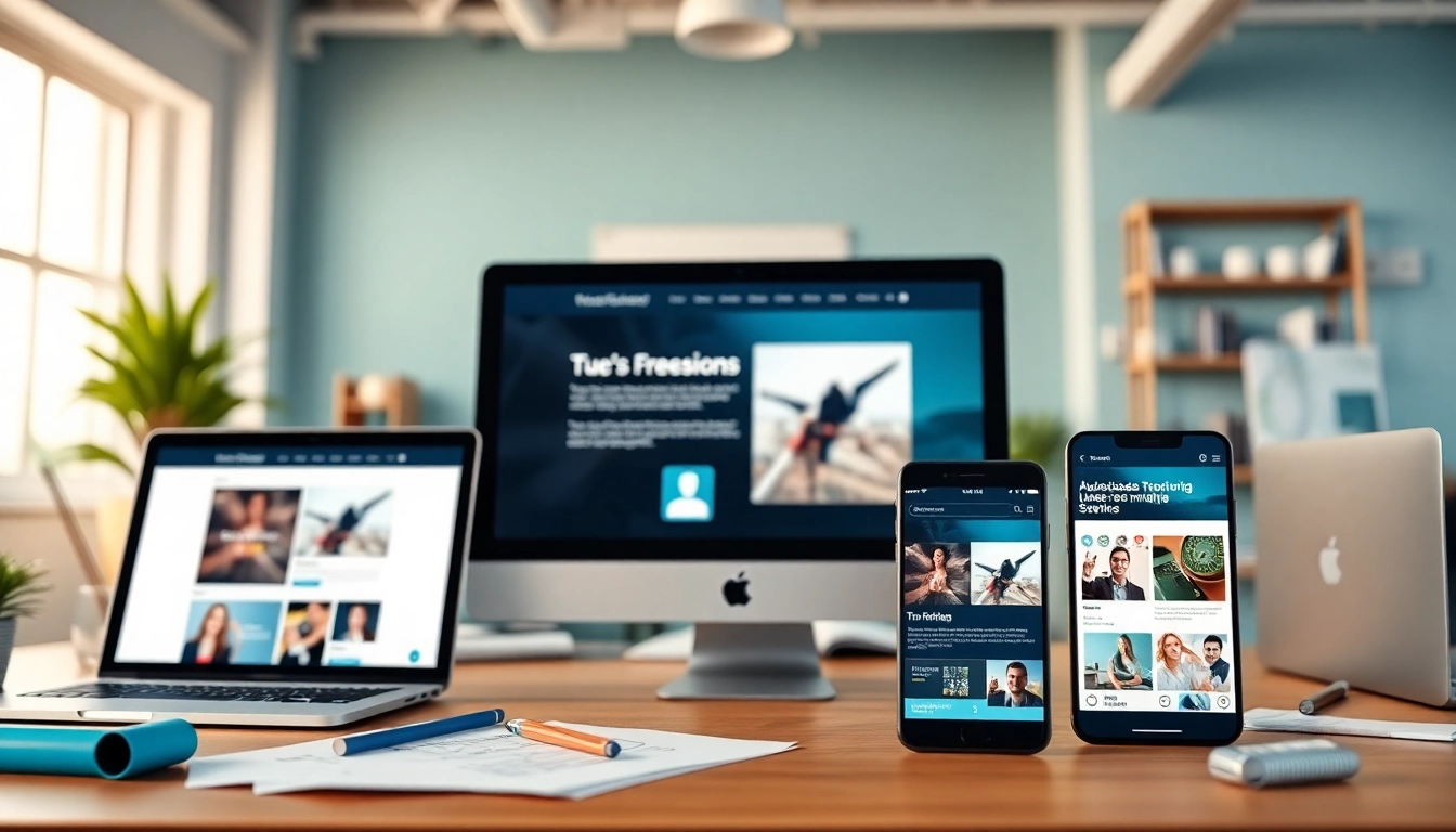 Showcase a vibrant website design on desktop, tablet, and smartphone promoting modern user interfaces.