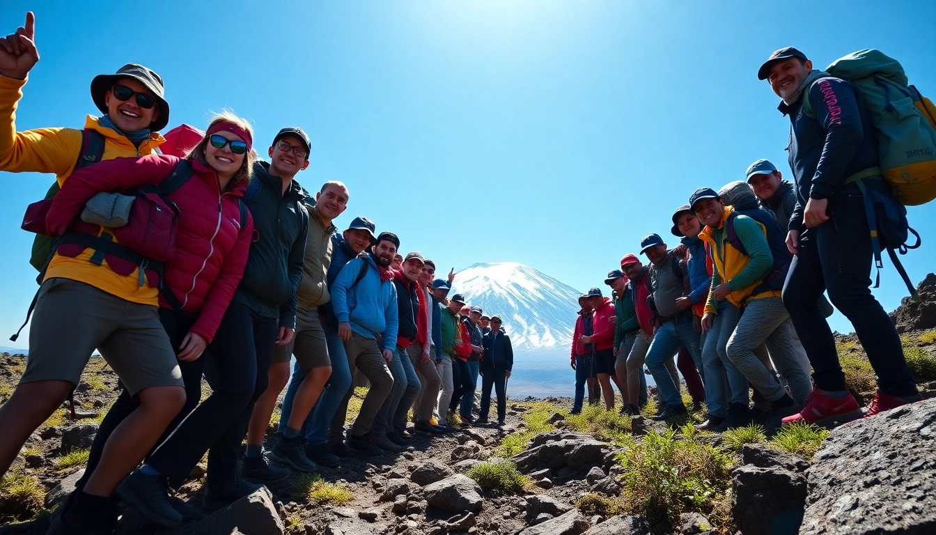 Kilimanjaro Climbing Groups showcasing diverse climbers trekking towards the mountain peak
