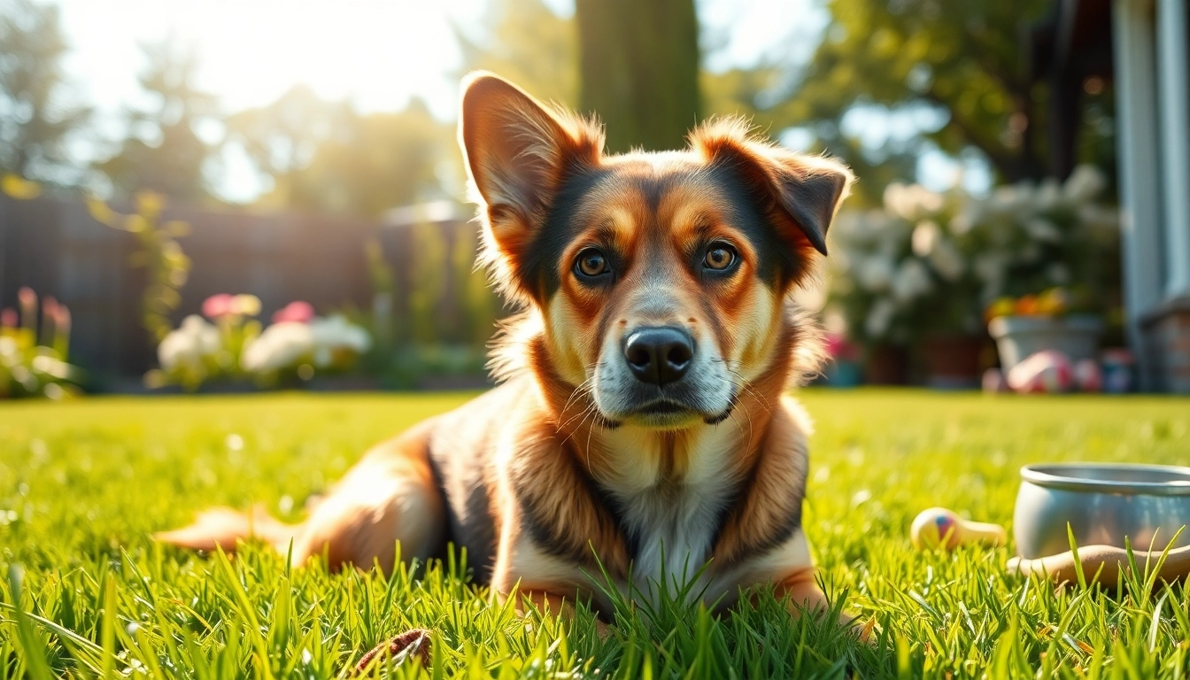 Dog smells like pee highlighted in a close-up of a concerned pet in a sunny garden setting.
