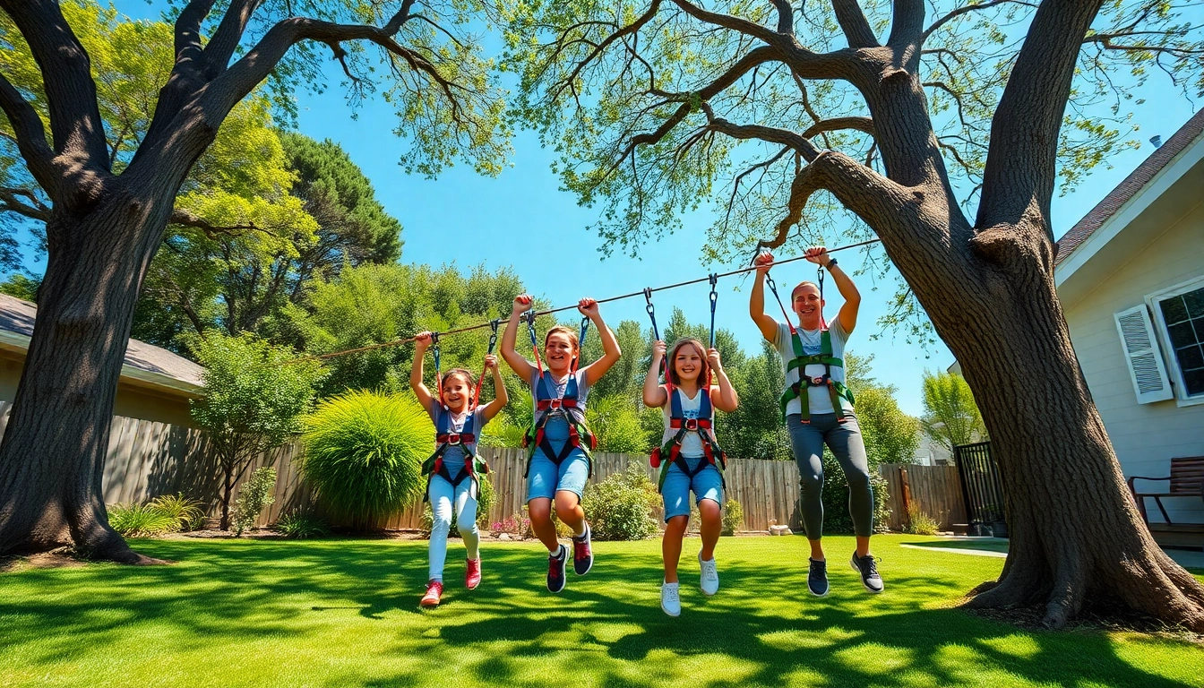 Family enjoying a thrilling ride on a ZIP WIRE KIT in a sunny backyard.