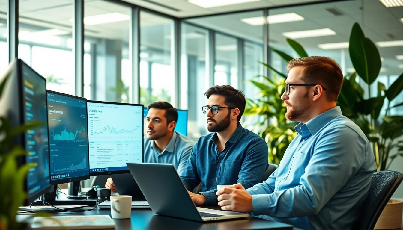 Site reliability engineering experts monitoring systems in a collaborative tech office.