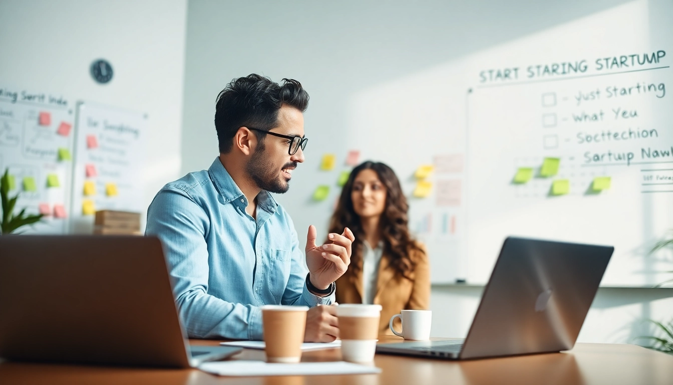 Engaging image of entrepreneurs launching a successful startup in a modern workspace with bright colors.