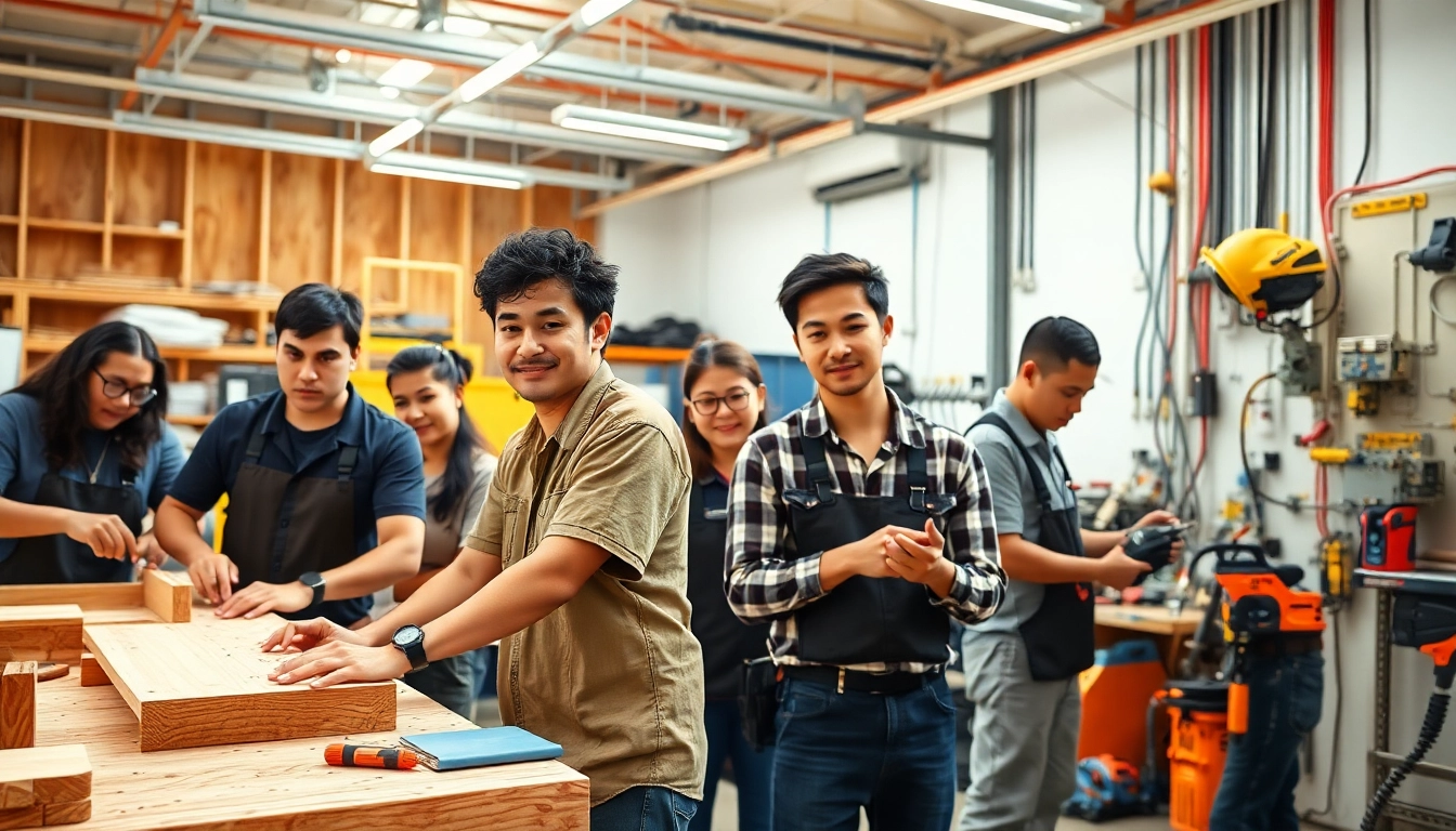 Students learning hands-on skills at trade schools oahu, engaged in carpentry and electrical projects.