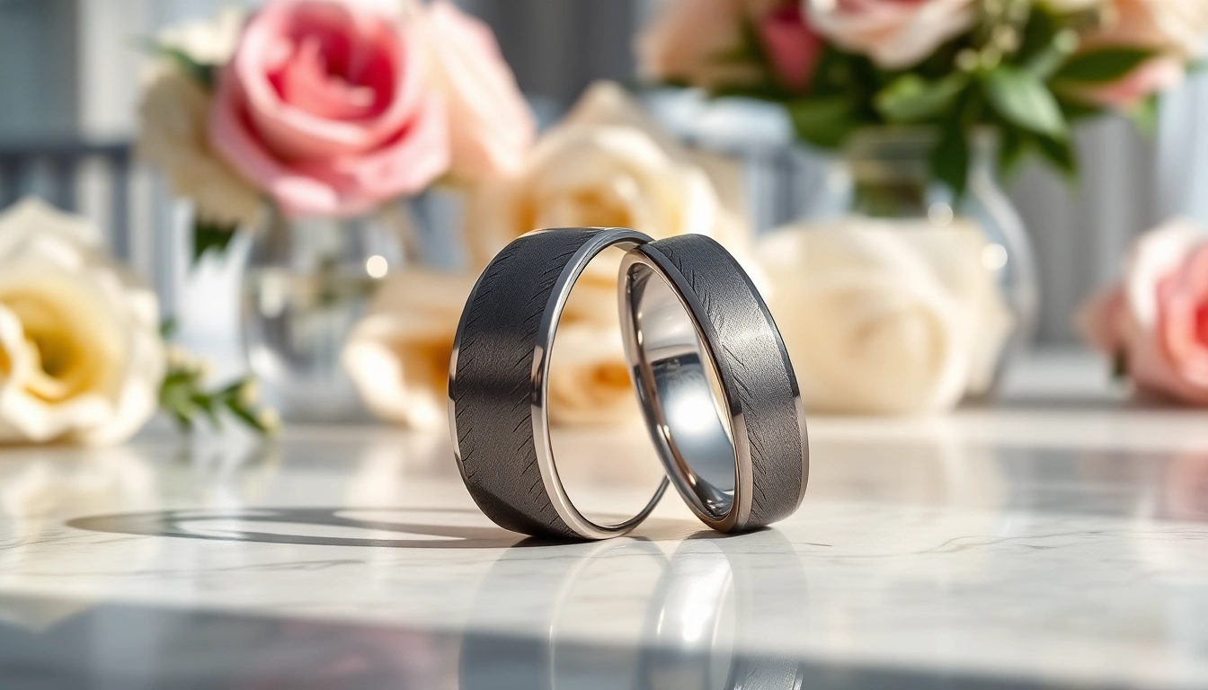 Stylish tungsten wedding bands shining on a marble surface, highlighting their elegant designs.