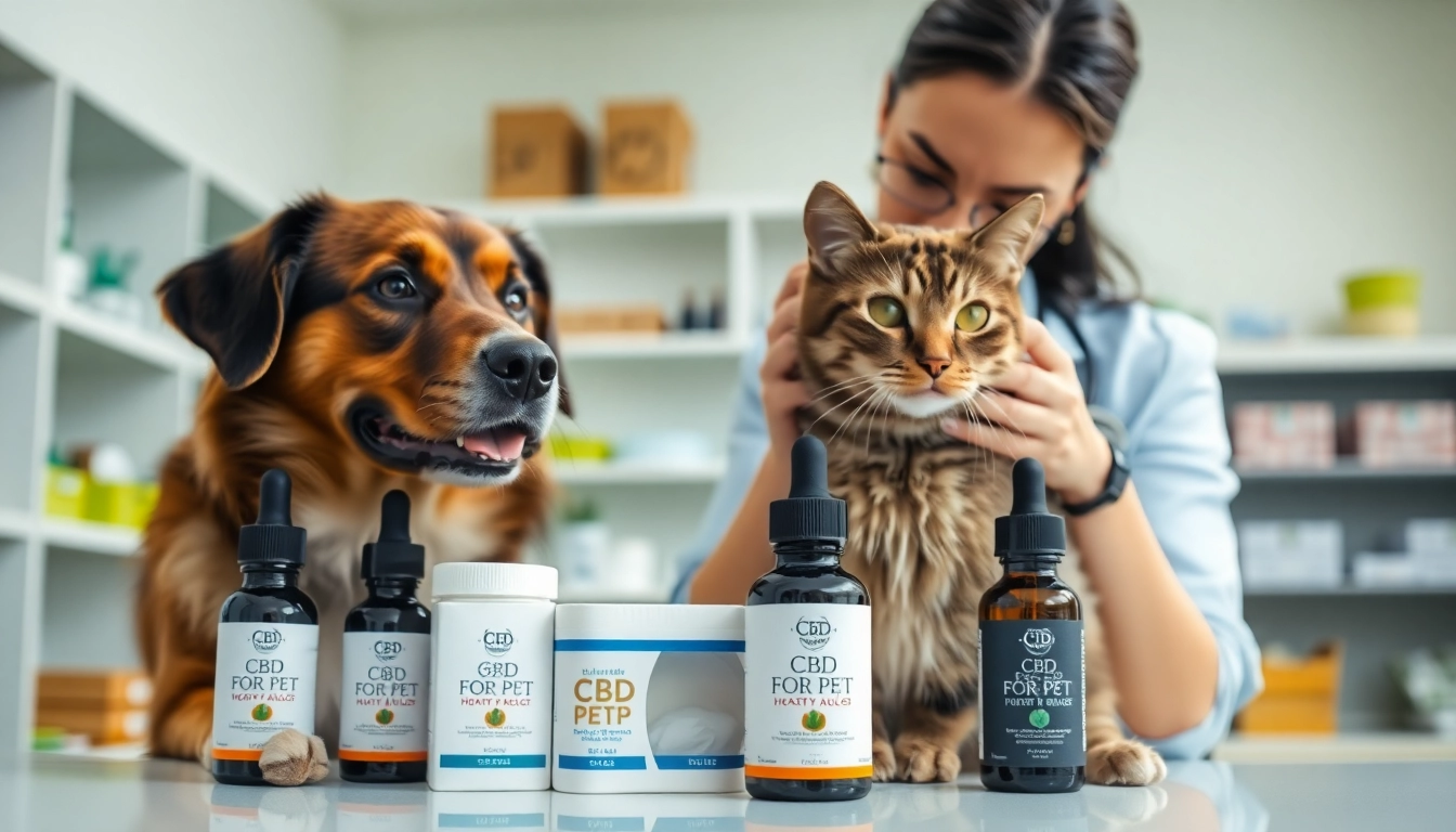 Veterinarian showcasing CBD For Pets products alongside a healthy dog and cat.