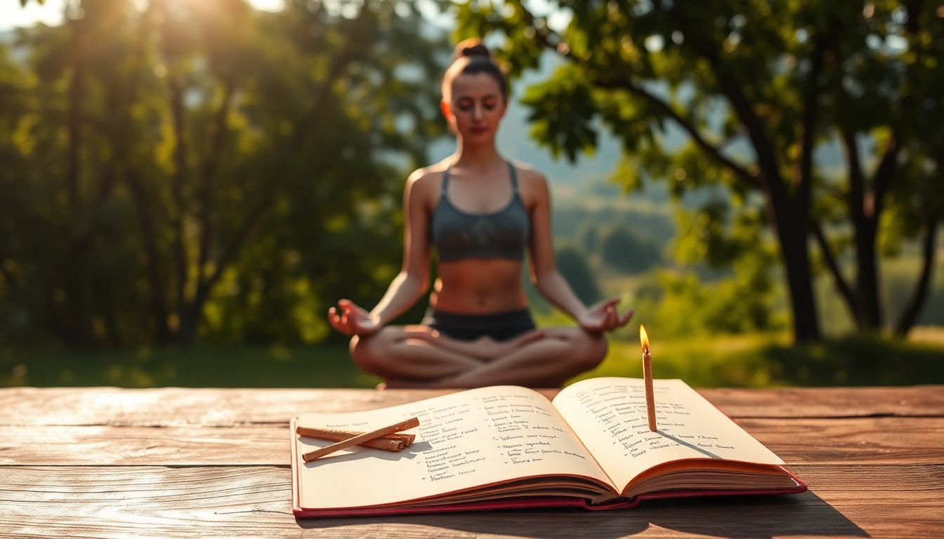 Practicing yoga mantras in a serene meditation setting with greenery and sunlight.