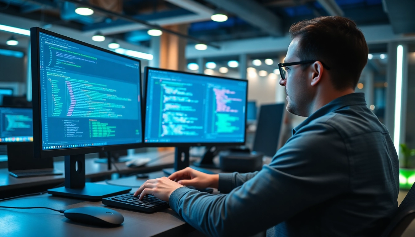 Programmierer nutzt Microsoft Visual Studio zur Softwareentwicklung in einem modernen Büro.