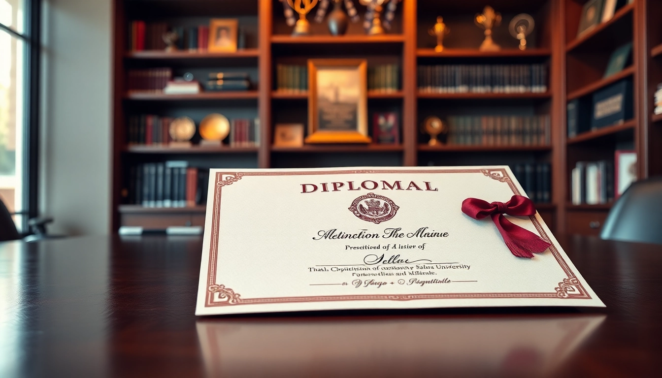 Featuring the best fake diplomas on a desk, showcasing a professional replica in an elegant office.