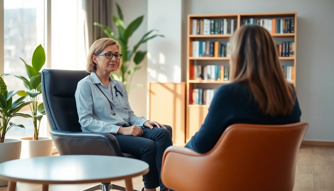 Psychiatrist engaging with a patient in a serene professional office environment.