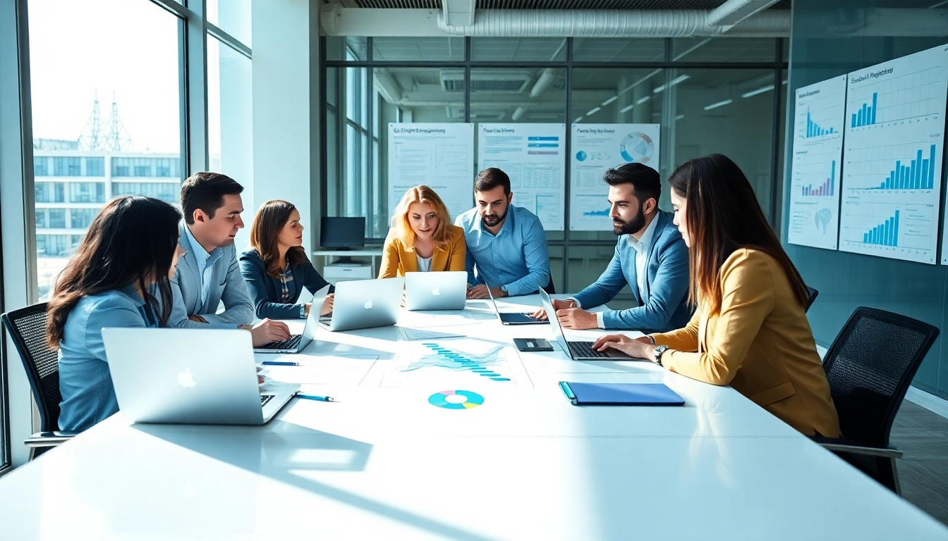 Site reliability engineering experts collaborating surrounded by data-driven visuals in a modern office setting.