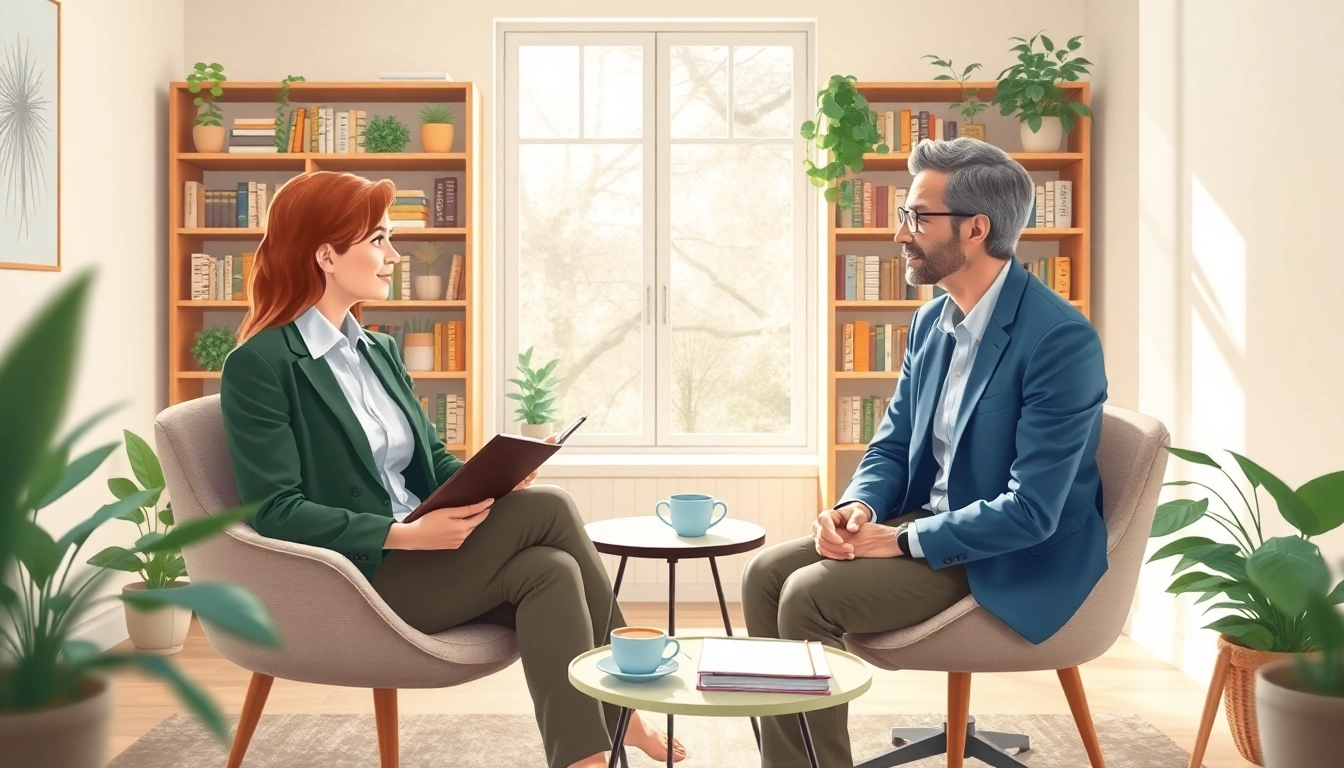 Attachment theory coach guiding a client toward emotional growth in a cozy office.