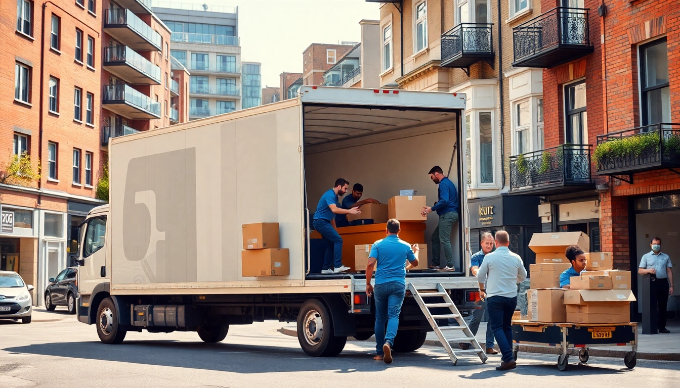 Efficient movers from moving companies East London loading a truck in a busy urban setting.