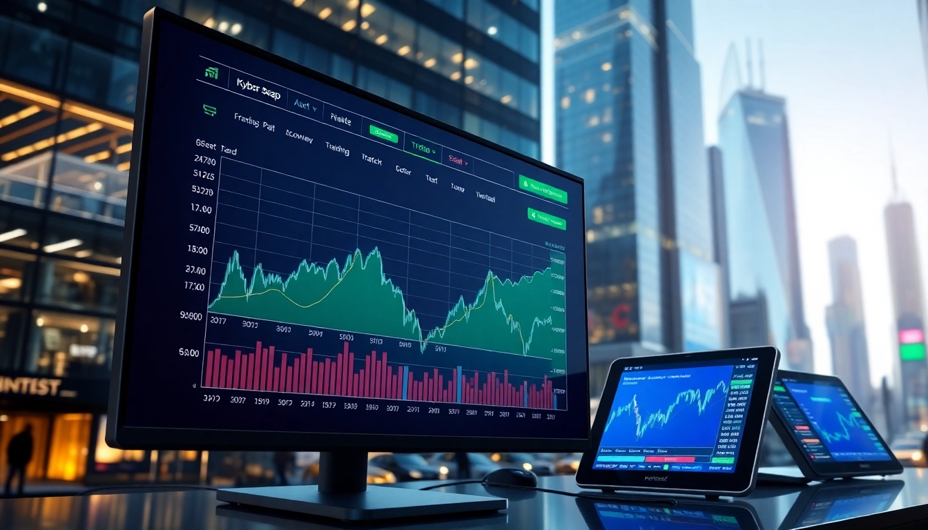 View of the kyber swap trading platform with dynamic graphs and urban backdrop