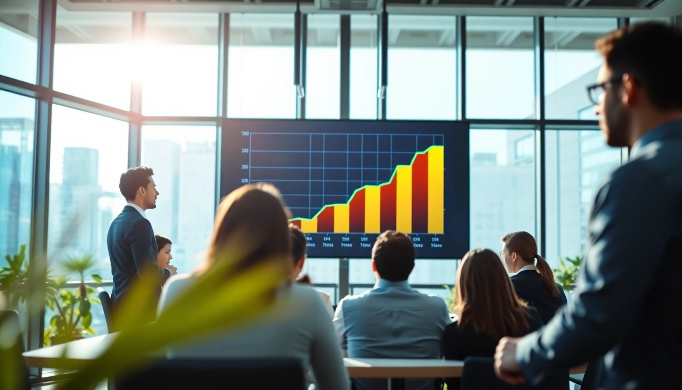 Showcasing a revenue growth chart in a conference room with a focused team discussing strategies in revenue rocket lab.