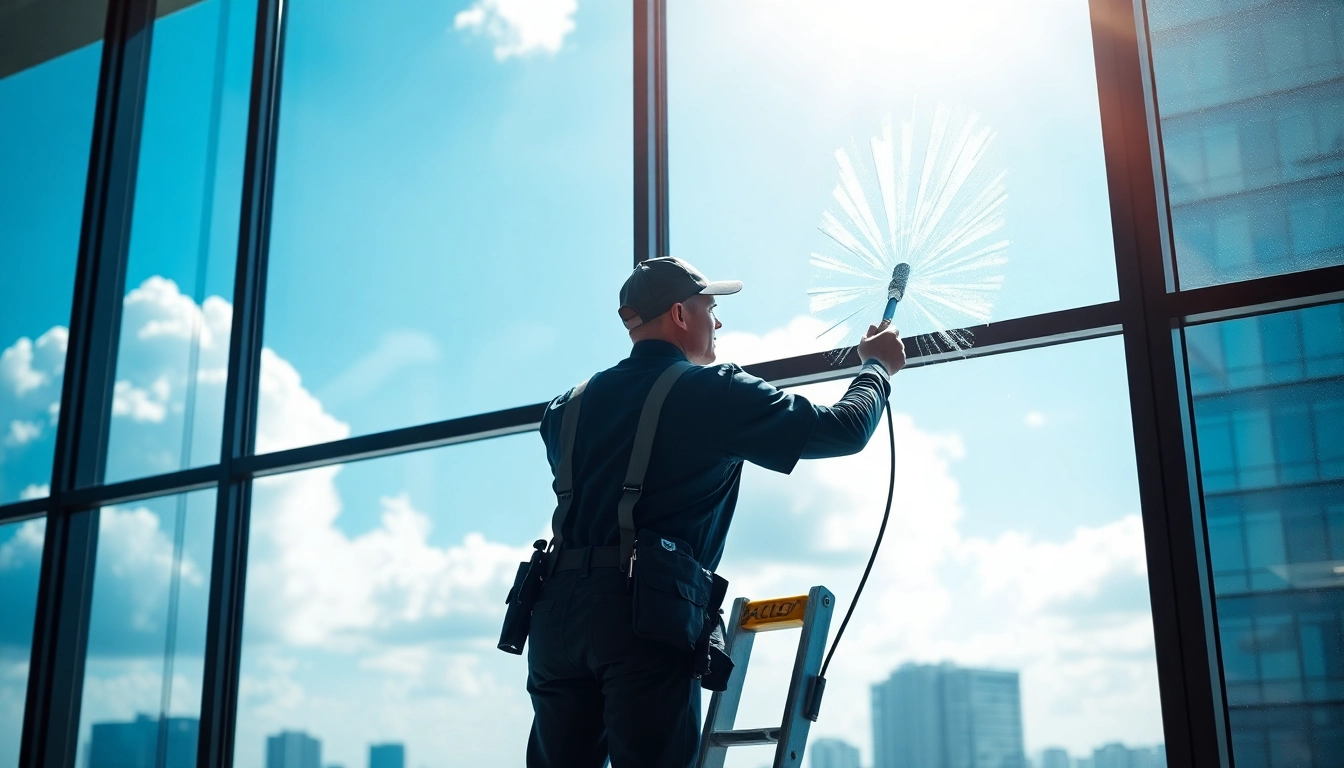 Enhance your view with professional window cleaning sioux falls showcasing a skilled worker cleaning high-rise windows.